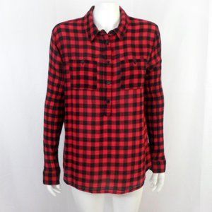 Beach Lunch Lounge Red Black Buffalo Plaid Half Button Up Flannel Shirt